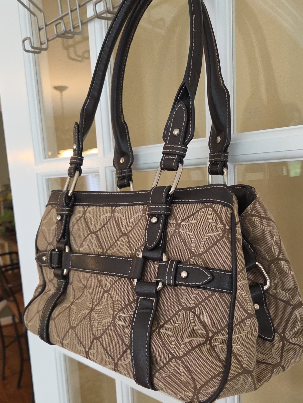Vtg Nine West Beige Patterned Satchel/ Over Shoulder Bag with Dark Brown Trim - Picture 6 of 15